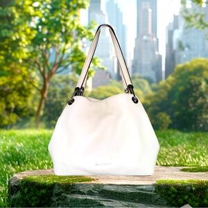 Michael Kors Raven Large Pebbled Leather Shoulder Bag Tote Pearl Gray  EUC